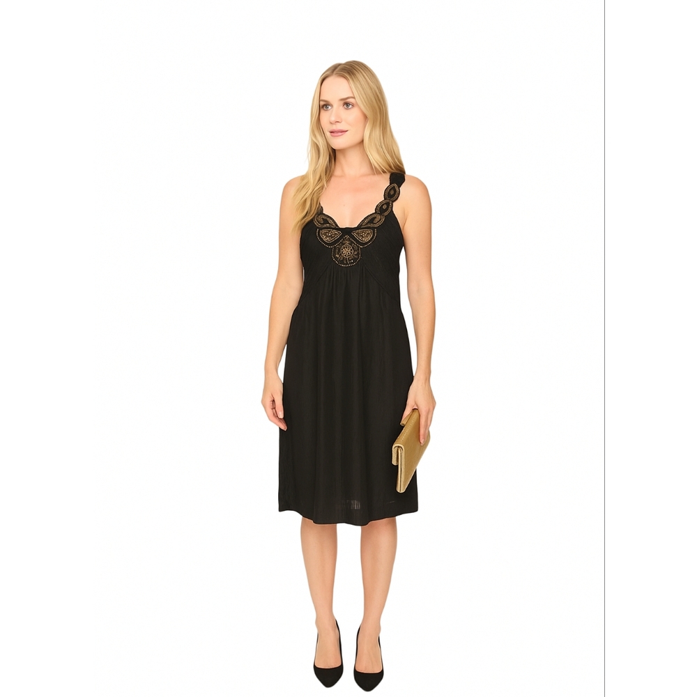 Gold Hawk Black Silk With Bronzed Gold Embellishments Dress - Women's